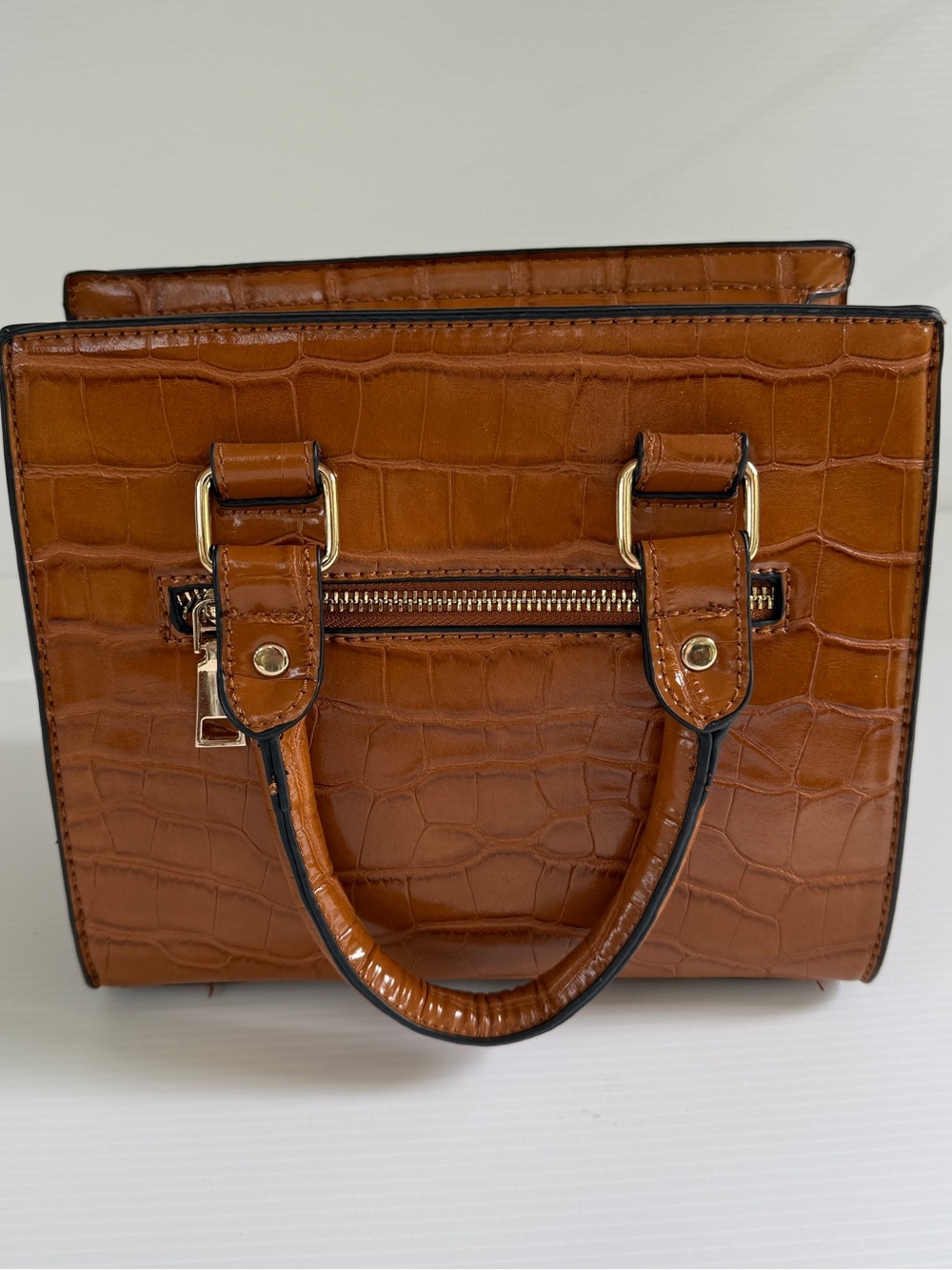 Croc-Embossed Tan Satchel with Top Handles